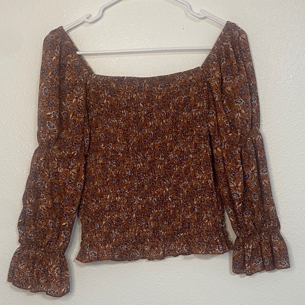 I.N. San Francisco Floral Smocked Top in Brown - Picture 6 of 15